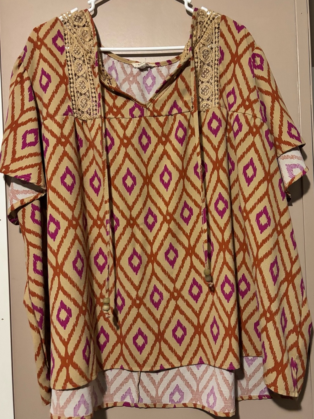 Boho Diamond-Print Peasant Top - Mustard & Magenta